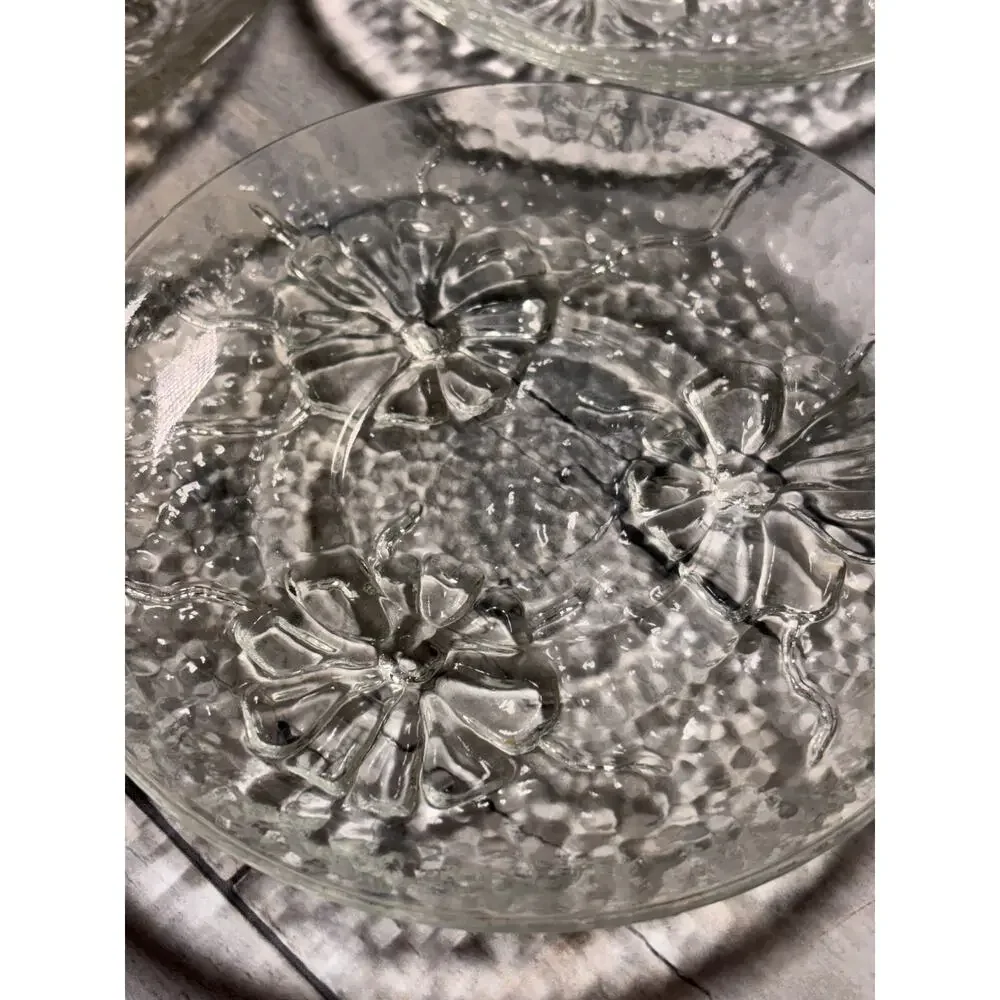 Set of 3 VINTAGE PRESSED GLASS SNACK PLATES ANCHOR HOCKING RAINFLOWER PATTERN!